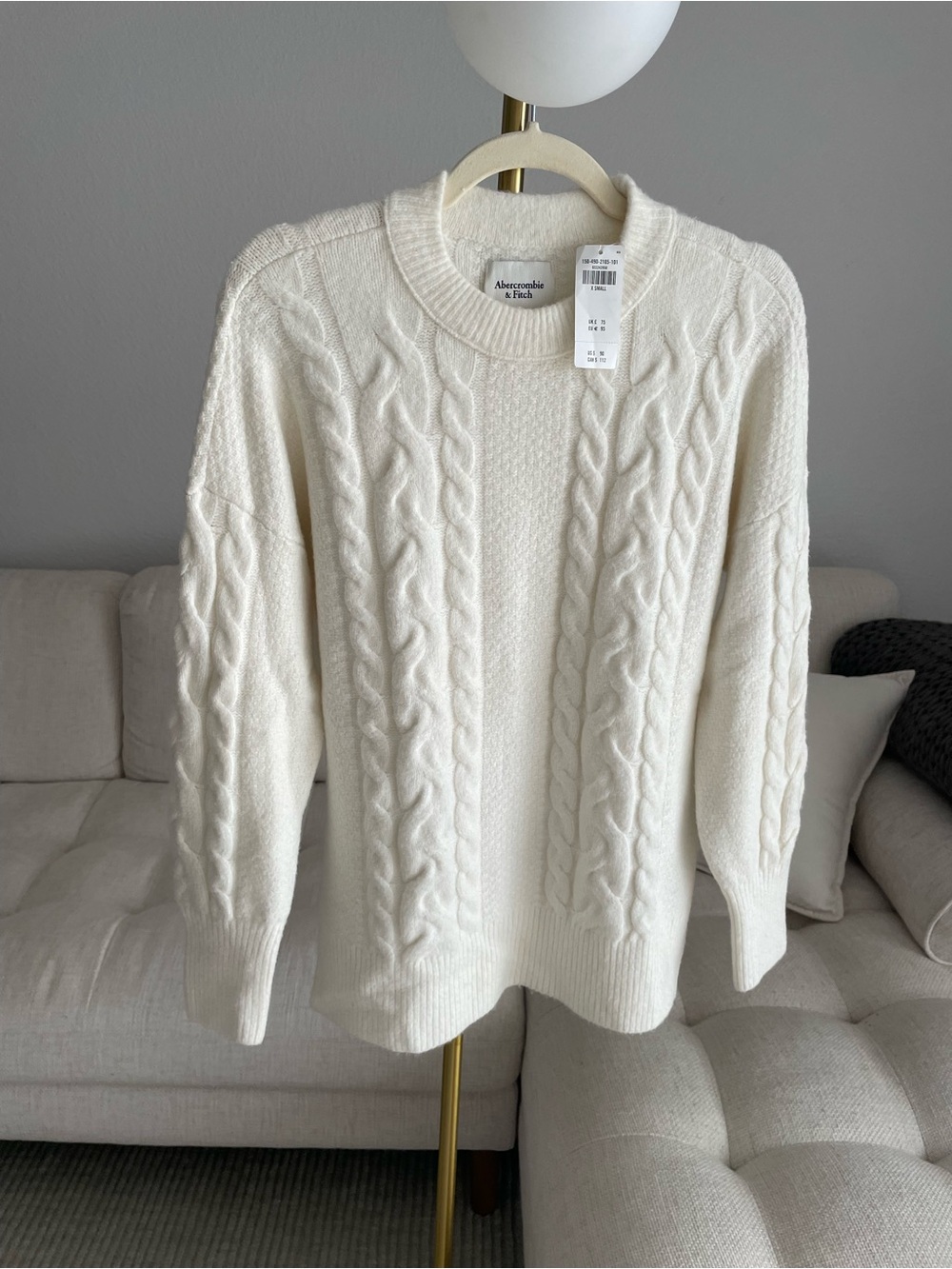 NWT Abercrombie & Fitch Cream Brushed Cable-Knit Crewneck Sweater MSRP $90